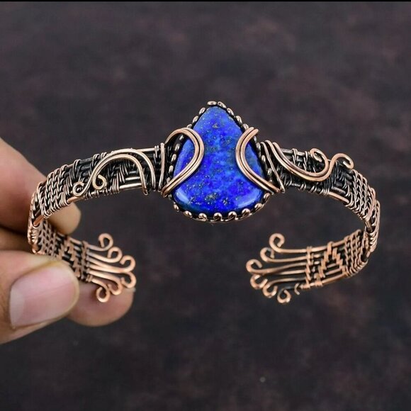 Lapis Lazuli ✦ Wire-Wrapped Bracelet ✦ Copper Pear Stone Adjustable Fit Handmade - Picture 5 of 15